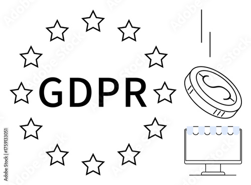GDPR text encircled by stars, computer monitor with window design, and falling coin symbolizing online privacy, data security, compliance, and financial repercussions. Ideal for regulation, data