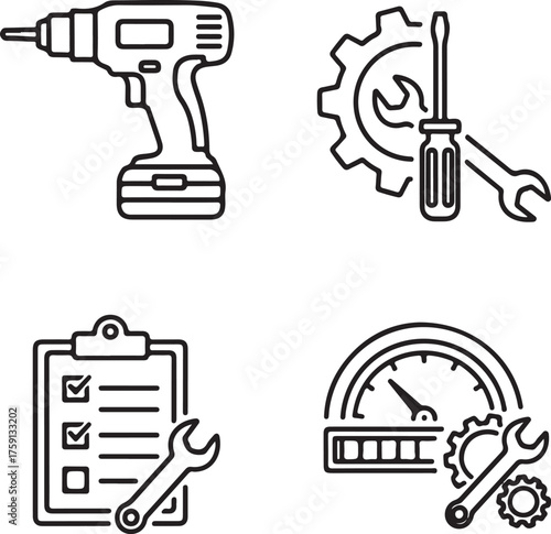 Vector art of line art illustration of various repair and maintenance icons, the drawing includes a drill, wrench, screwdriver, clipboard, and speedometer outline icon on