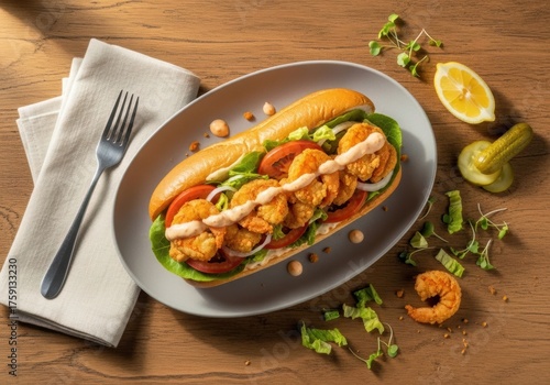Gourmet shrimp po’ boy sandwich with fresh vegetables and spicy sauce on a wooden table