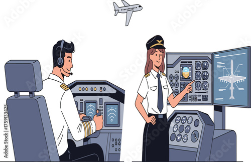 Professional airline pilots operating aircraft cockpit, teamwork aviation concept, airplane control system, flight navigation technology, commercial aviation industry background illustration