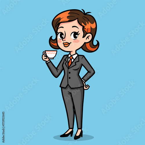 A cartoon illustration of a stylish businesswoman with orange and brown hair, wearing a gray suit, and happily holding a small cup of tea or coffee.