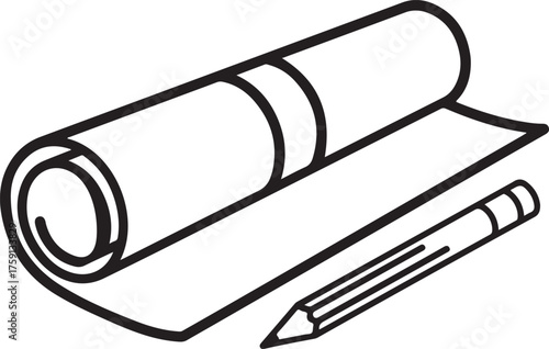 Illustration of a rolled blueprint and a pencil, symbolizing architectural design, engineering plans, and technical drawings for construction and development projects outline icon on