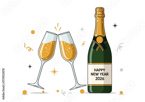A champagne bottle and two glasses stand amidst confetti toasting to the new year 2026