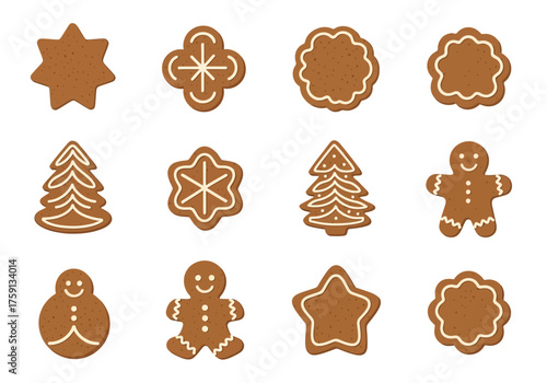 A grid of twelve brown decorated gingerbread cookies in various shapes and designs on a white background