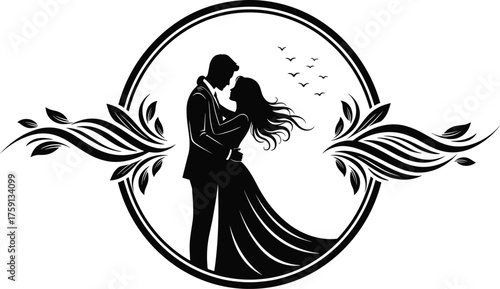 Romantic wedding couple silhouette, floral frame decoration, elegant love symbol, bride and groom moment, romantic embrace, love birds illustration