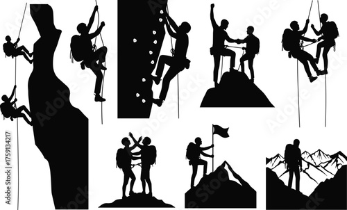 Silhouette climbers on mountain, hiking adventure, rock climbing, mountaineering teamwork, summit success, extreme outdoor sport, alpinism, wilderness exploration vector illustration