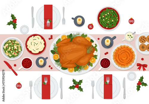 A Thanksgiving dinner table is set with a turkey and various side dishes