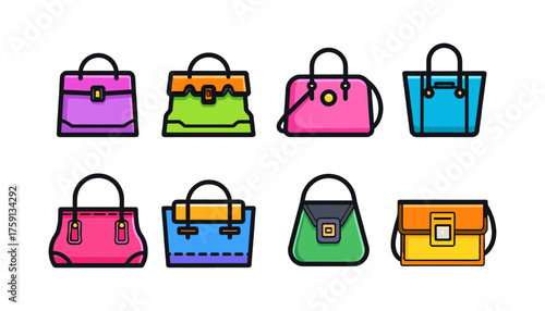Colorful Modern Women's Handbags and Fashion Accessories Icon Set in a Flat Line Vector Style, Featuring Various Stylish Purse Designs, Totes, and Crossbody Bags