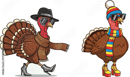Stylized Cartoon Turkeys in Fashionable Autumn Winter Accessories Vector Art