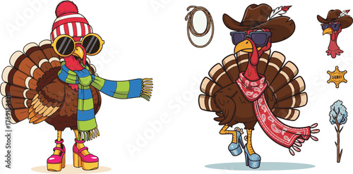Fashionable Anthropomorphic Turkeys with Winter and Western Attire Design