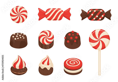Assorted candy swirls chocolate lollipops wrapped treats displayed on a white background