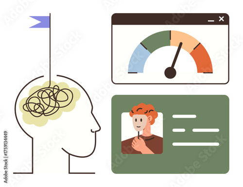 Tangled brain with flag, performance meter, and ID profile. Ideal for productivity, stress, critical thinking, self-improvement, mental health, personal growth evaluation simple flat metaphor