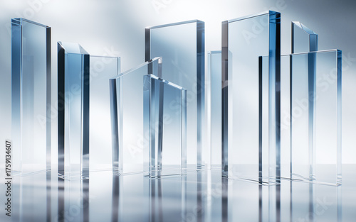 Fototapeta Naklejka Na Ścianę i Meble -  Transparent blue cube glass geometries background, 3d rendering.