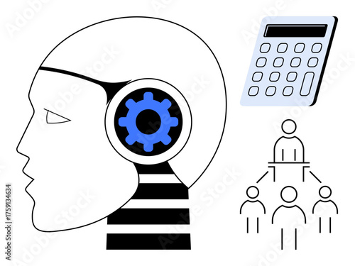 Human-thumbs up robot head with gear, calculator, and organizational diagram symbolizing automation, problem-solving, and leadership. Ideal for AI, technology, innovation, decision-making education