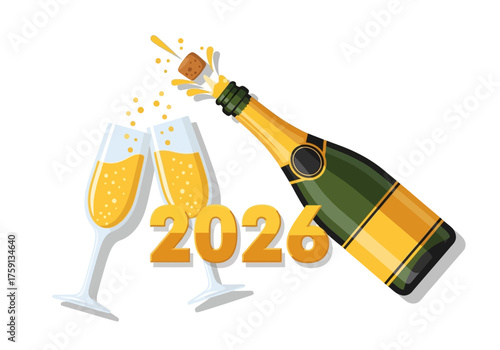 Champagne bottle pops near toasting flutes and the text 2026