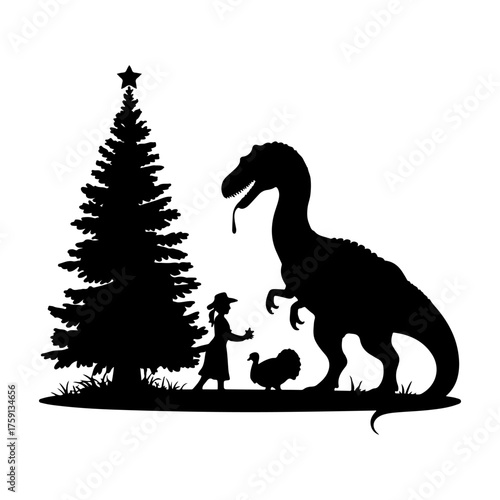 A Child, a Dinosaur, and a Turkey Stand Together in Front of a Christmas Tree