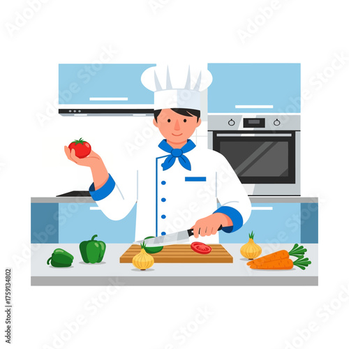 A professional male chef in uniform chopping fresh vegetables like tomatoes and peppers in a modern kitchen.