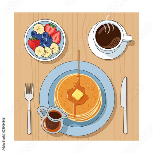 Overhead view of a delicious breakfast spread featuring pancakes with syrup and butter, a bowl of fresh mixed fruit, and a steaming cup of coffee on a wooden table.