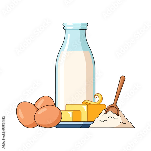 A collection of baking ingredients including eggs, butter, milk, and flour, ready for preparation.