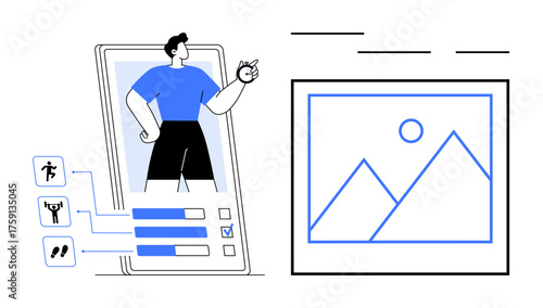 Person tracking fitness progress on a smartphone with exercise icons, checklists, and statistics. Ideal for health, mobile apps, fitness, goals, technology, motivation simple flat metaphor