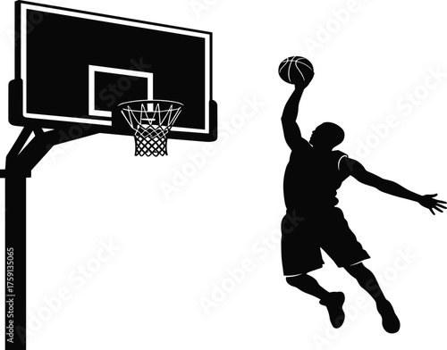 Silhouette of basketball player jumping high for slam dunk action, professional athlete performing dynamic move near hoop, isolated white background sports concept