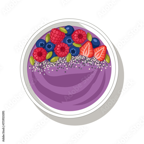 A vibrant and colorful smoothie bowl, topped with fresh berries and seeds, in a white bowl.