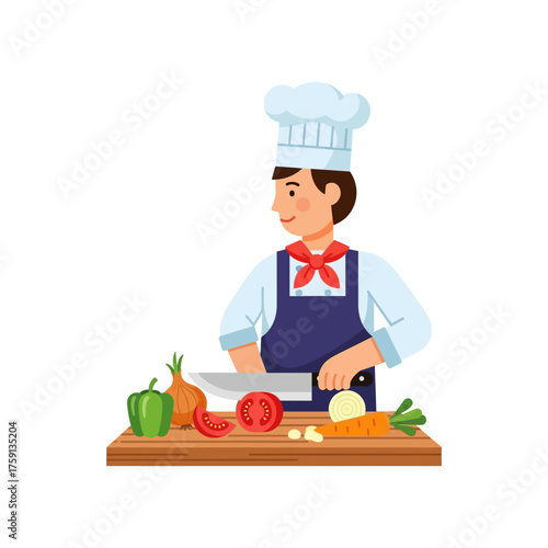 Cartoon chef chopping fresh vegetables on a cutting board, preparing a healthy meal in the kitchen.