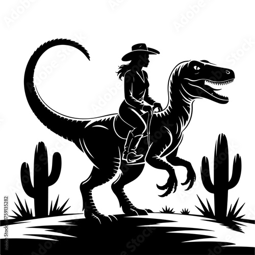Cowgirl Riding a Raptor in the Desert An Adventurous Illustration