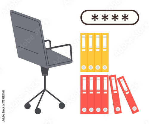 Office chair beside yellow and red document folders, with password input field. Ideal for business, security, office culture, data management, organization, privacy, workplace simple flat metaphor