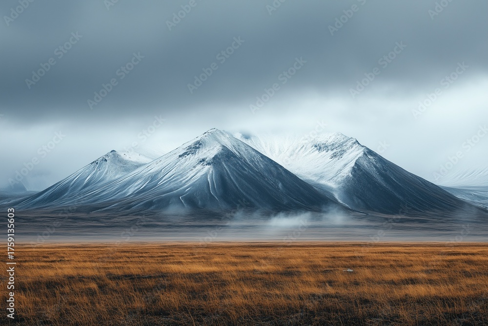 Obraz premium Moody photograph of Arctic mountains covered with snow, captured from a low angle under overcast skies. The landscape features beige and grey tones, evoking a cold and dramatic atmosphere of isolation