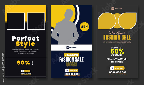 Fashion sale banners with clothing silhouettes and discount information