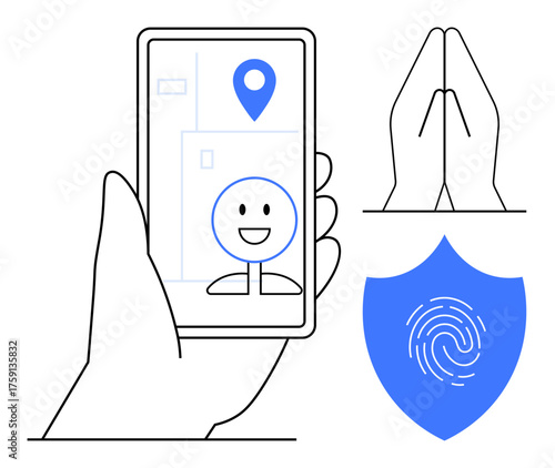 Hand holding smartphone with map pin and happy face on screen, praying hands, shield with fingerprint. Ideal for technology, privacy, security, GPS, identity communication and minimalism. Modern