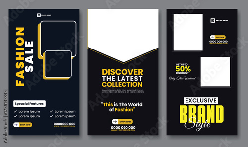 Fashion sale banners with clothing silhouettes and discount information