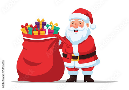 Santa Claus with a sack full of gifts standing with a smile