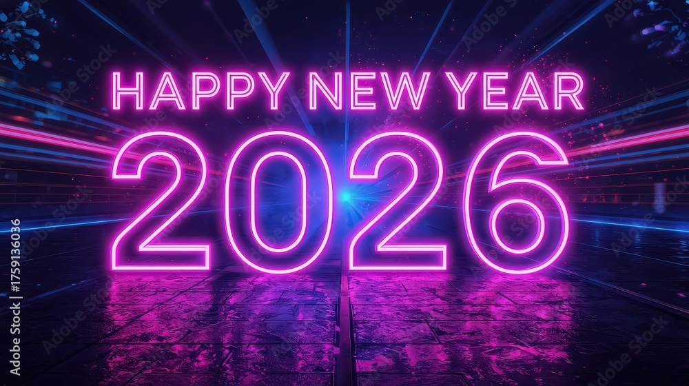 Obraz premium Happy New Year 2026 Neon Sign in Futuristic Synthwave Style