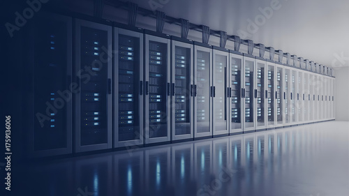 Modern server room with rows of data storage units and glowing lights