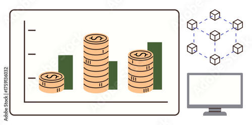 Bar graph with coins symbolizing financial growth, blockchain diagram representing digital transactions, and monitor for data access. Ideal for fintech, cryptocurrency, investment, analytics