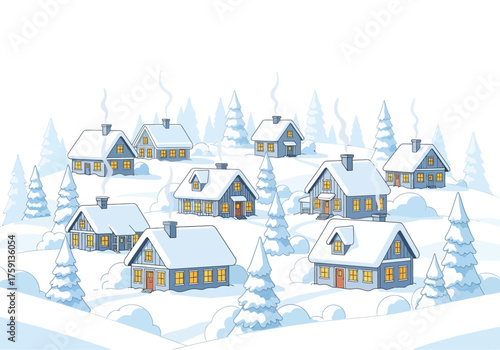 Snowy village scene with houses evergreen trees and chimney smoke