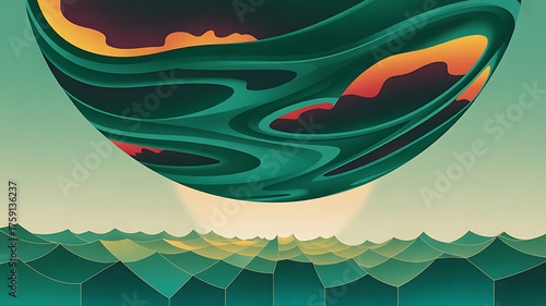 Abstract alien planet landscape with glowing sun and swirling green sky