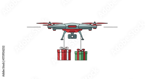 Drone Delivering Christmas Gifts Illustration for Holiday Marketing Campaigns and Online Retail Promotions during the Festive Season.
