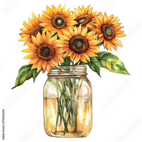 Rustic Watercolor Sunflower Bouquet in a Mason Jar Clipart
