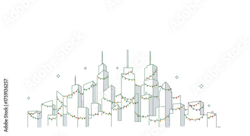 Minimalist Cityscape Illustration with Festive Garland, Ideal for Holiday Greetings, Website Headers, and Urban-themed Graphic Designs for Digital and Print Media