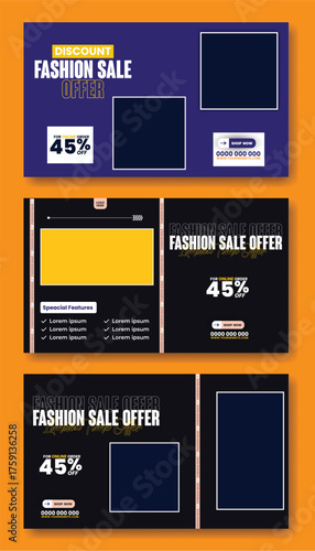 Flash sale facebook cover page timeline web ad banner template with photo place modern layout white background and orange shape and text design