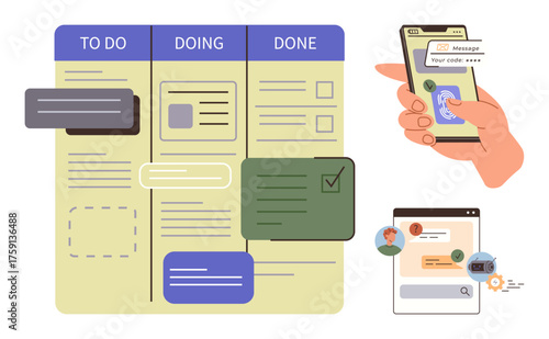 Kanban board with task categories, hand holding phone applying security code, chat window with user messages. Ideal for productivity, workflow, multitasking, project management, collaboration