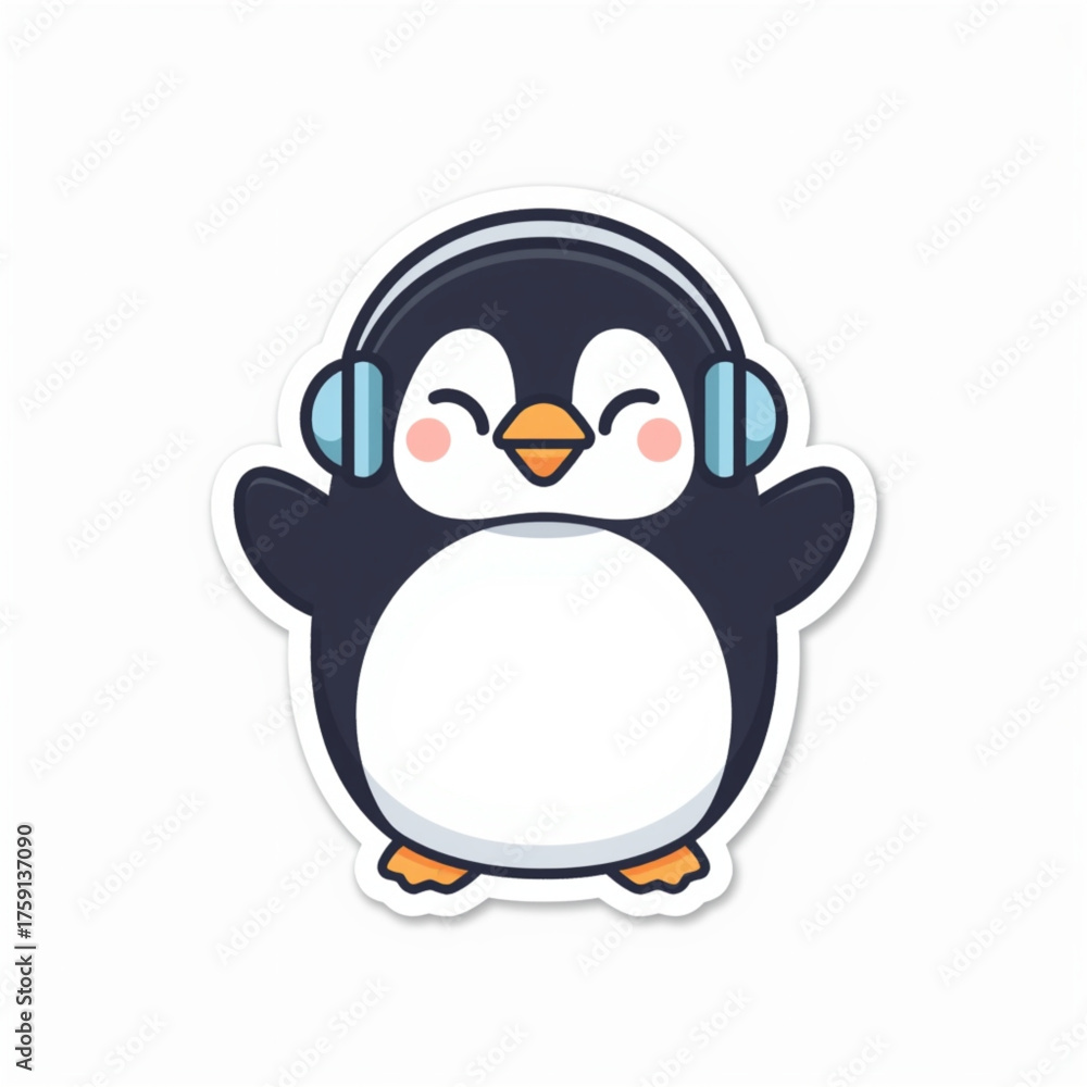 Obraz premium Cheerful Penguin Dancing with Blue Headphones Cute Cartoon Vector Design