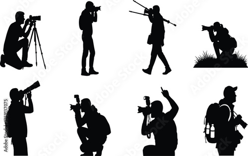 Silhouettes of Wildlife Photographers with Cameras, Nature Photography Poses, Outdoor Shooting Actions, Professional Photographer Vectors, Backpack Travelers, Isolated Set