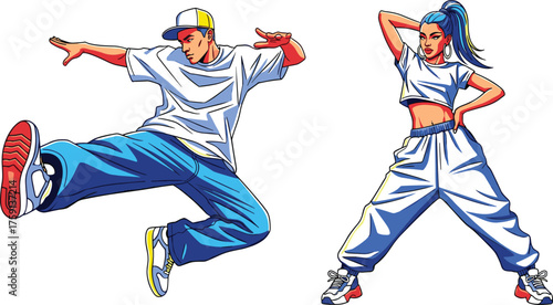 Stylish young man and woman dancing hip hop in streetwear outfit, energetic modern dance performance, urban youth culture expression