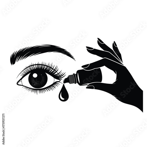 Woman s hand applying eye drops to a detailed eye