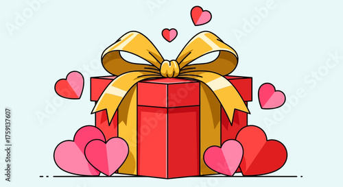 A beautifully illustrated red gift box tied with a golden bow, surrounded by hearts.
