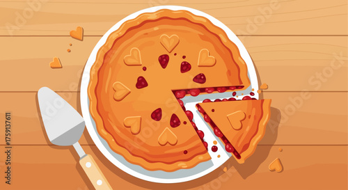 Illustration of a freshly baked pie with a slice removed, on a wooden surface.